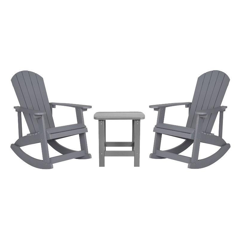 Flash Furniture Set of 2 Savannah All-Weather Poly Resin Wood Adirondack Rocking Chairs with Side Table in Gray