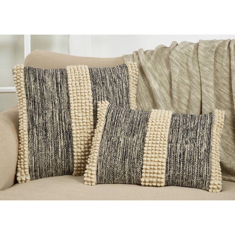 Cream and Black Pom-Pom Striped Cotton Throw Pillow