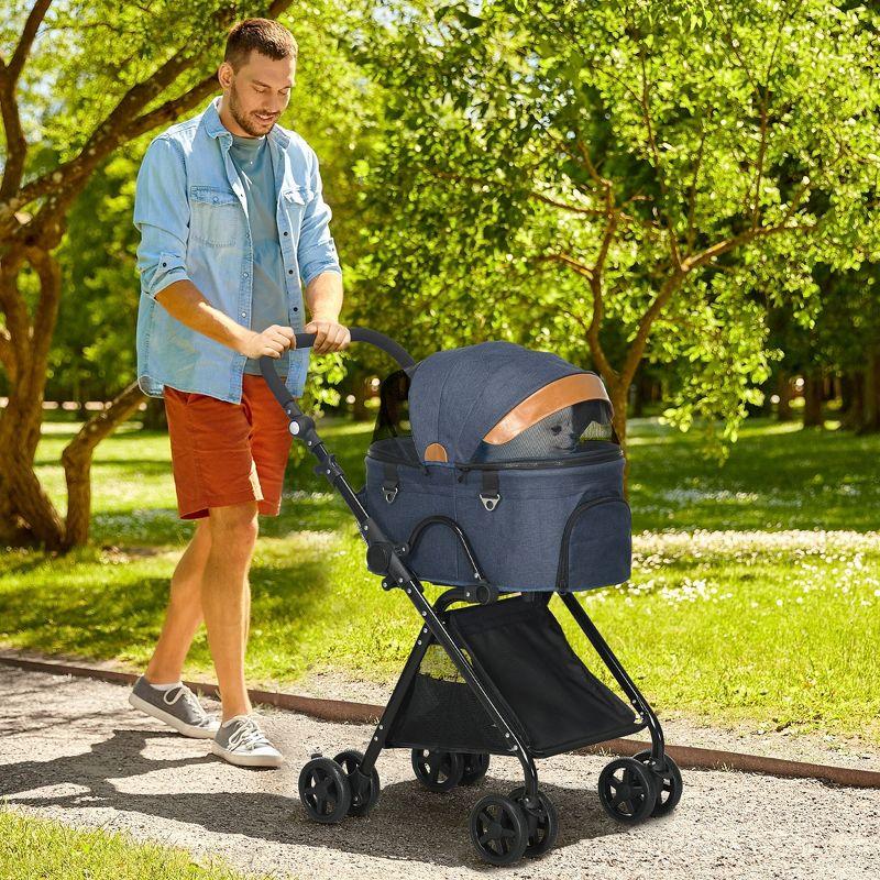 Blue Foldable Pet Stroller with Adjustable Handlebar and Mesh Window