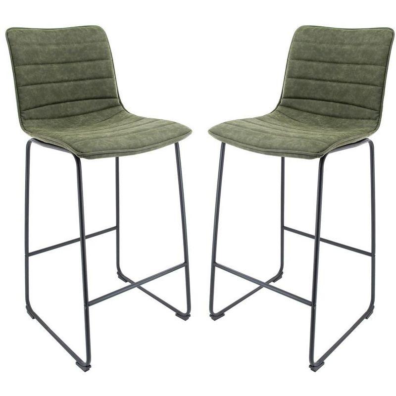 Olive Green Leather and Black Iron Bar Stool Set of 2