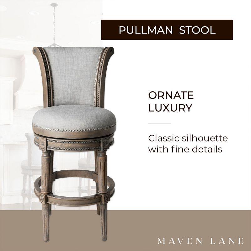 Maven Lane Pullman 31 Inch Tall Bar Height Upholstered Barstool with Back in Reclaimed Oak Finish with Ash Grey Fabric Cushion Seat, Set of 3