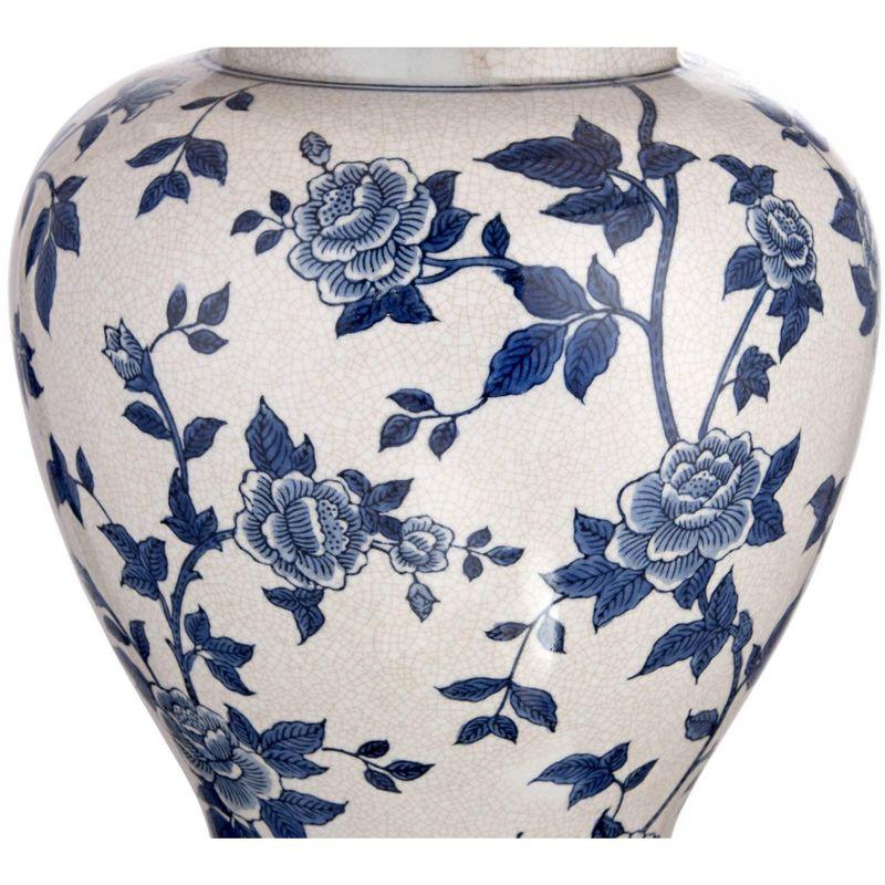 Barnes and Ivy Traditional Table Lamp 25" High Crackle Ceramic Blue and White Rose Vine Temple Jar White Bell Shade for Living Room Family