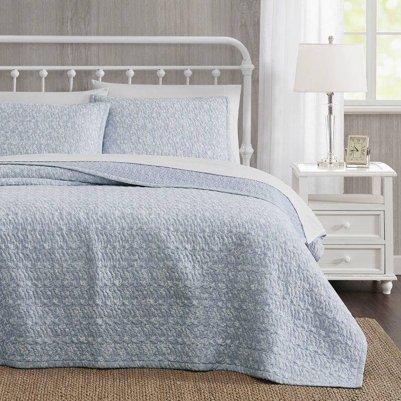 The Farmhouse by Rachel Ashwell 3pc Full/Queen Majesty Quilt Bedding Set White/Blue: Percale, Botanical Pattern, 200 Thread Count