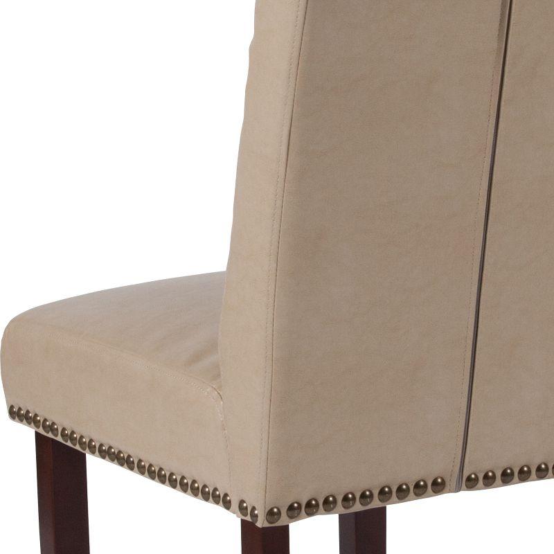 Beige Leather Parsons Side Chair Set with Walnut Legs