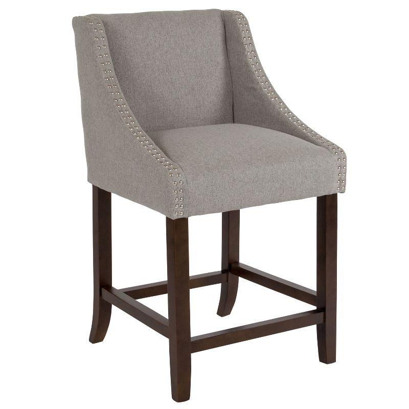 Walnut Counter Height Stools with Light Gray Fabric and Nailhead Trim - Set of 2