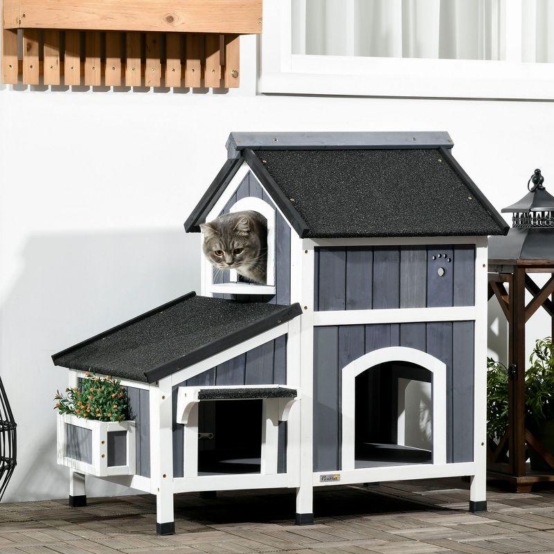 PawHut Outdoor Cat House with Weather-resistant Roof & Garden Bed, Outdoor Cat Shelter Enclosure with Multiple Entrances, Cat Furniture Hideout, Gray