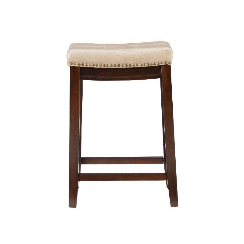 Beige Faux Leather Saddle Counter Stool with Wood Frame