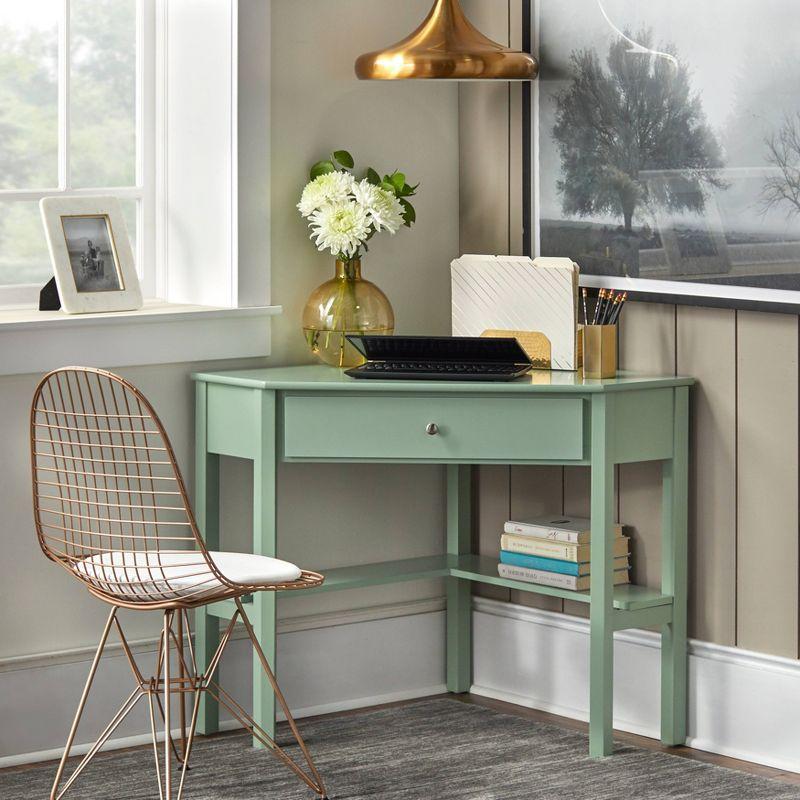 Mint Wood Corner Desk with Drawer and Shelf