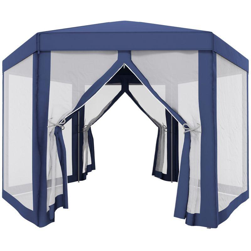 Outsunny 13' x 11' Outdoor Party Tent Hexagon Sun Shelter Canopy with Protective Mesh Screen Walls & Proper Sun Protection, Blue