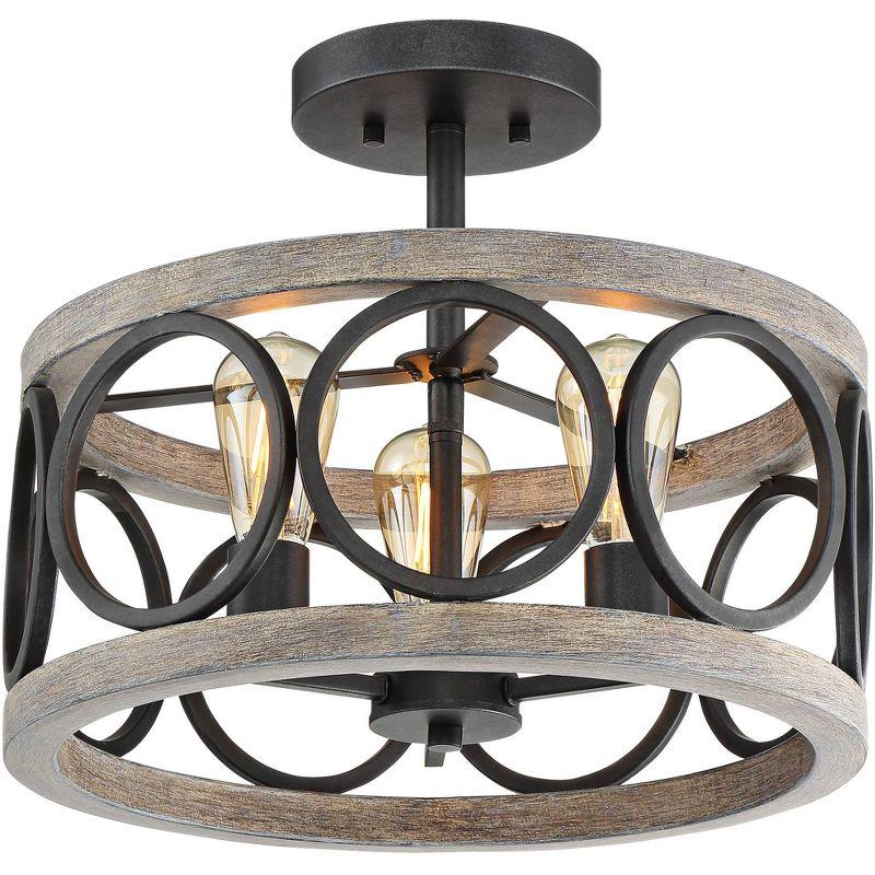 Franklin Iron Works Salima Rustic Farmhouse Ceiling Light Semi Flush Mount 16" Wide Black Gray Wood 3-Light for Bedroom Kitchen Living Room Hallway