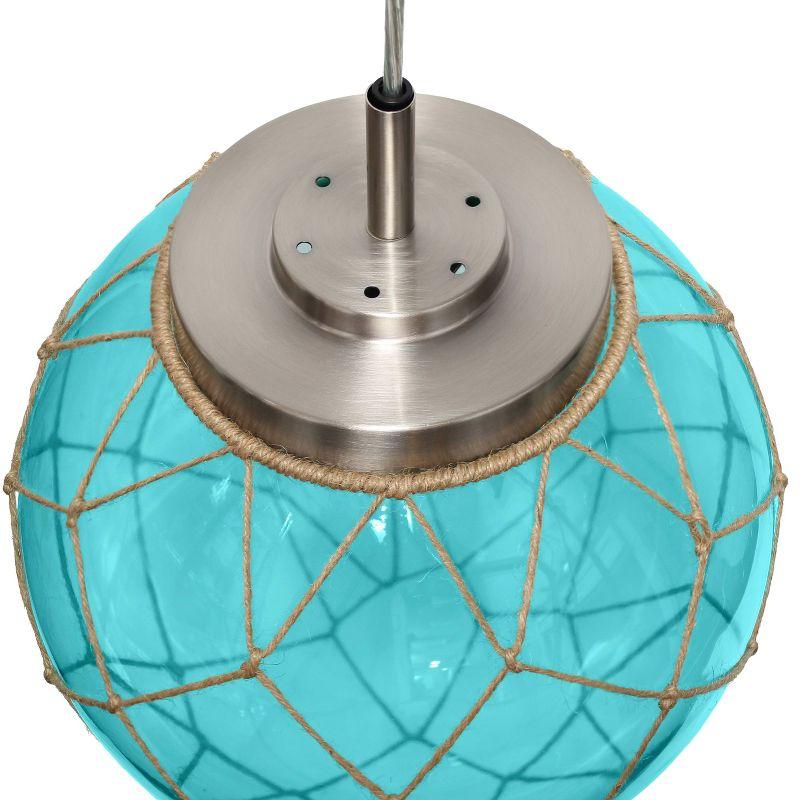 Buoy Netted Coastal Ocean Sea Glass Pendant with Natural Rope Aqua - Elegant Designs: Brushed Nickel Canopy, UL Listed