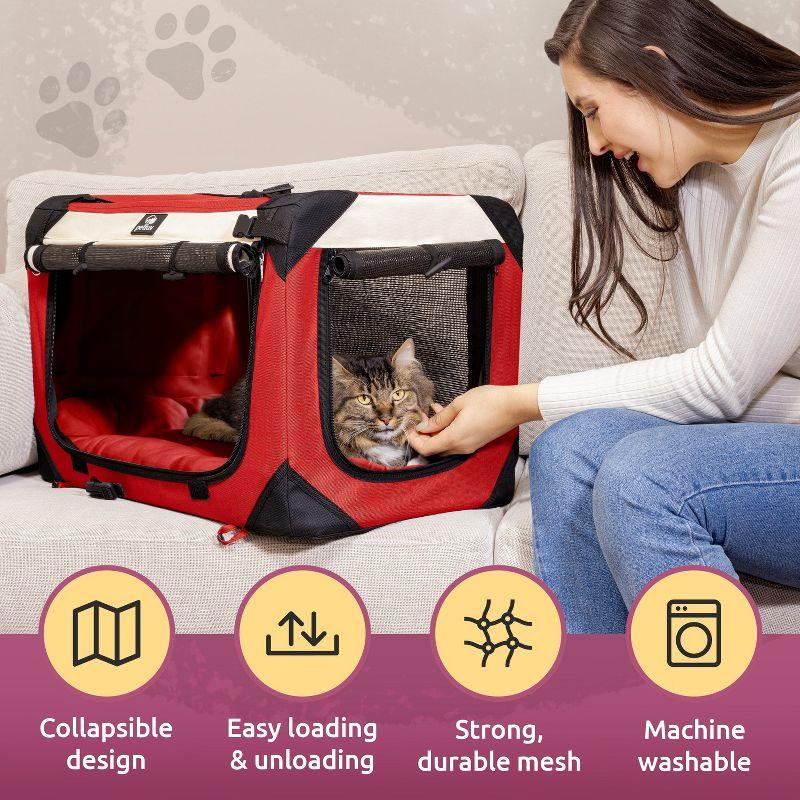 PetLuv Cat & Dog Carrier Foldable Pet Travel Crate, Removable Plush Pillow, Privacy Windows, Locking Zippers, Pocket, Seatbelt Straps, Medium Red