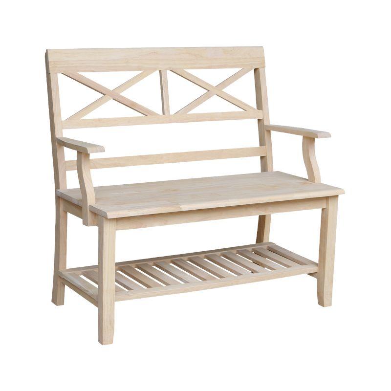 Double X-Back Bench with Arms and a Shelf - International Concepts: Hardwood Frame, Non-Upholstered, 2-Person Seating