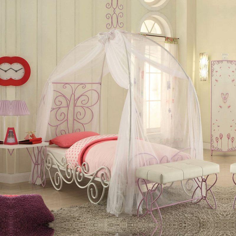 85" Twin Bed White Light Purple - Acme Furniture: Butterfly Headboard, Canopy Curtains, Chrome Frame