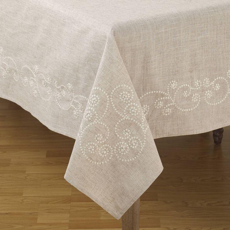 120"x67" Embroidered Swirl Natural Linen Blend Tablecloth: Machine Washable, Saro Lifestyle