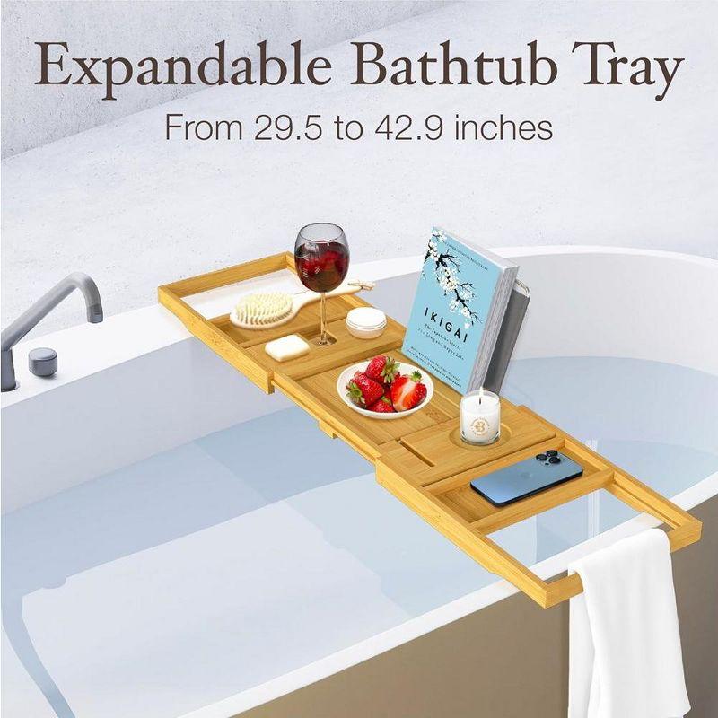 Bathtub Tray for Tub - Bamboo Expandable Bath Tray with Wine, Book & Tablet Holder, Luxurious Tub Tray, Bath Caddy, Foldable, Christmas Gift (Natural)