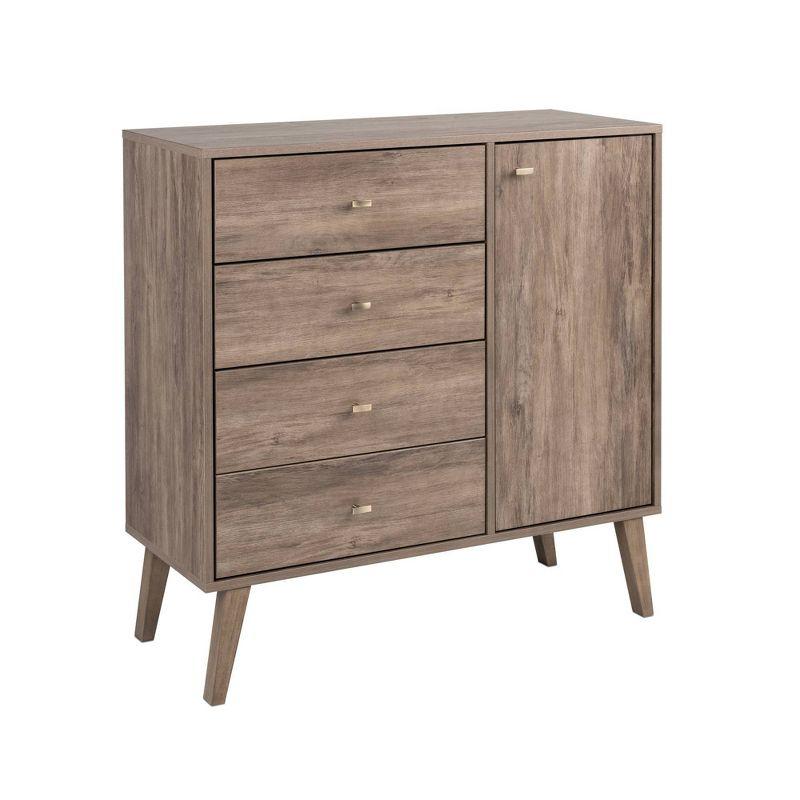 Prepac Milo Mid-Century Modern 4 Drawers Chest with Door Drifted Gray: Laminated Storage, Metal Glides, Adjustable Shelf