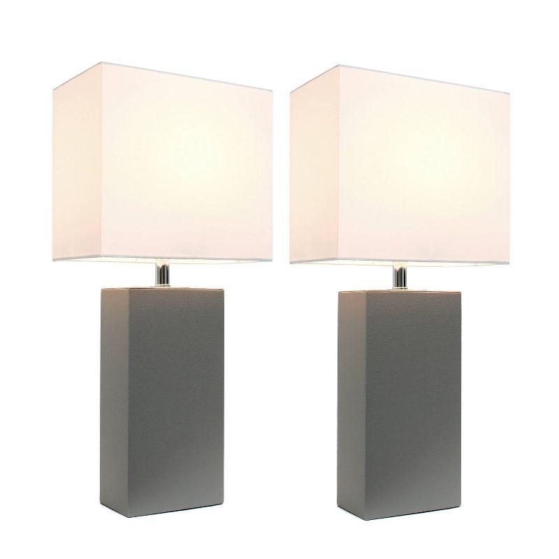 Set of 2 White Leather Table Lamps with Fabric Shades