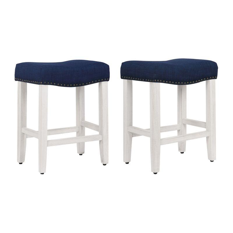 WestinTrends 24" Upholstered Saddle Seat Counter Stool (Set of 2), Antique White/Navy Blue