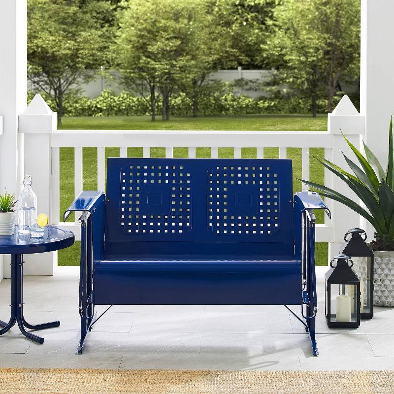 Navy Retro Metal Outdoor Loveseat Glider with Basket Weave Design