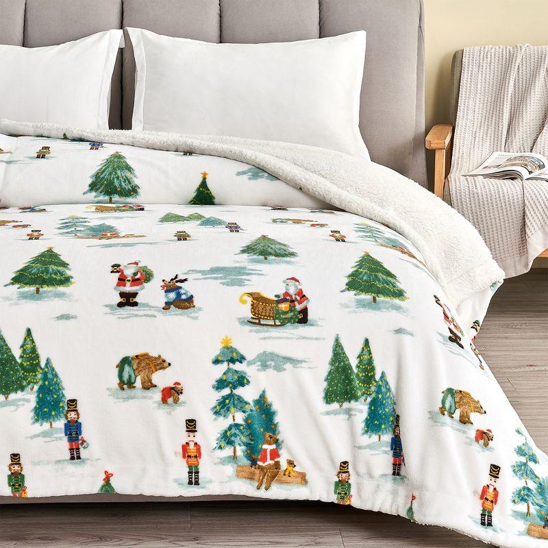 Holiday-Printed Plush Throw Blanket - Great Bay Home (50" x 60", Watercolor Santa and Friends)