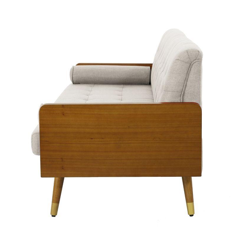 GDFStudio Aidan Mid Century Modern 72.25" Tufted Upholstered 3 Seater Sofa，Beige/Dark Walnut/Gold