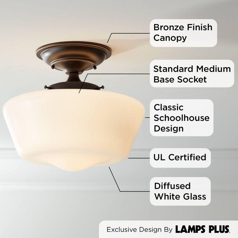 Regency Hill Schoolhouse Floating Modern Farmhouse Ceiling Light Semi Flush Mount Fixture 12" Wide Bronze White Glass Shade for Bedroom Living Room