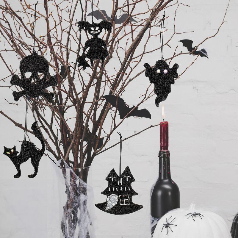 Decorae Beaded Hanging Halloween Ornaments (Set of 5, Black); Reversible Spooky Tree Decorations