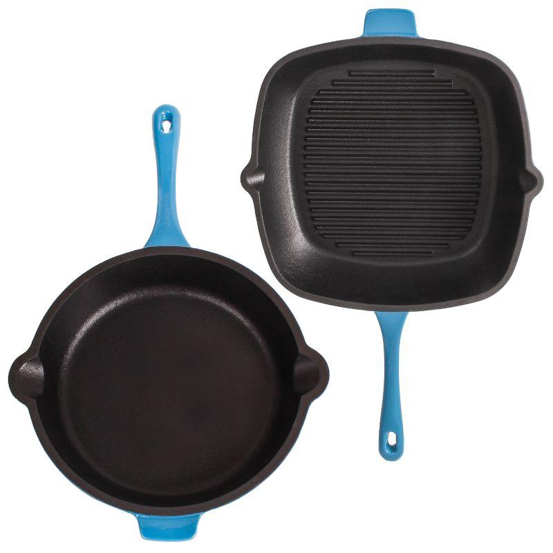 BergHOFF Neo Cast Iron 4Pc Set, Fry Pan 10", Square Grill Pan 11", & 5qt. Covered Dutch Oven, Blue