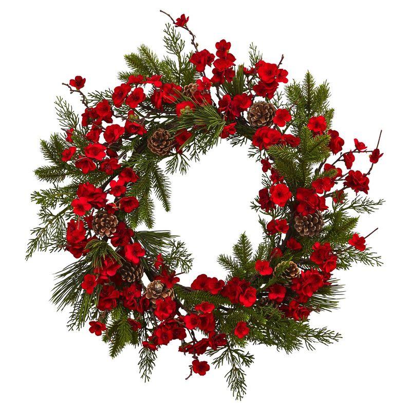 Nearly Natural Plum Blossom Pine Wreath (24"): Faux Floral Wall Decor for Indoor, Unlit Winter Display