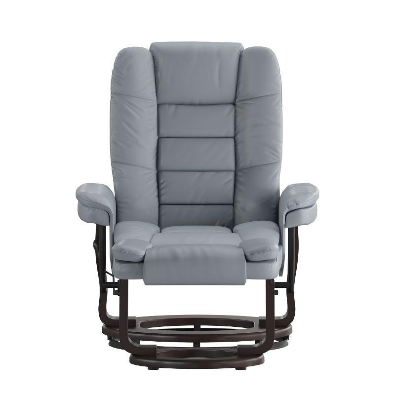 Flash Furniture Bali Contemporary Multi-Position Recliner with Horizontal Stitching and Ottoman with Swivel Mahogany Wood Base in Gray LeatherSoft