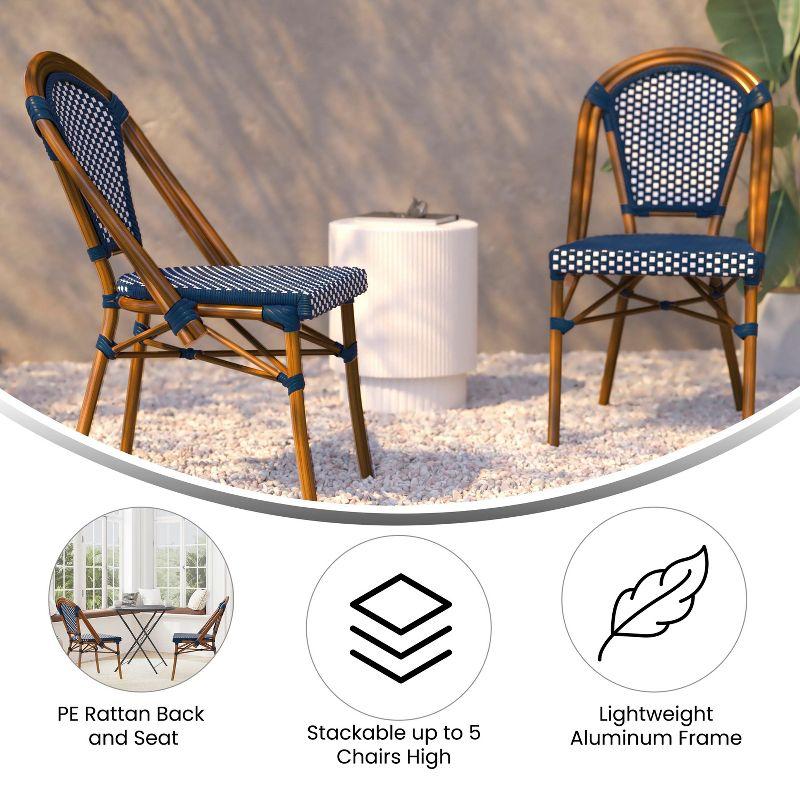Emma & Oliver Soie Set of Two Stacking Bistro Chairs with Navy and White PE Seat and Back and Bamboo Finished Aluminum Frame for Indoor/Outdoor Use