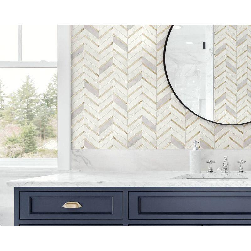 NextWall Faux Chevron Marble Tile Peel and Stick Wallpaper: Self-Adhesive, Repositionable, Washable, Gold, 30.75 Sq Ft Coverage
