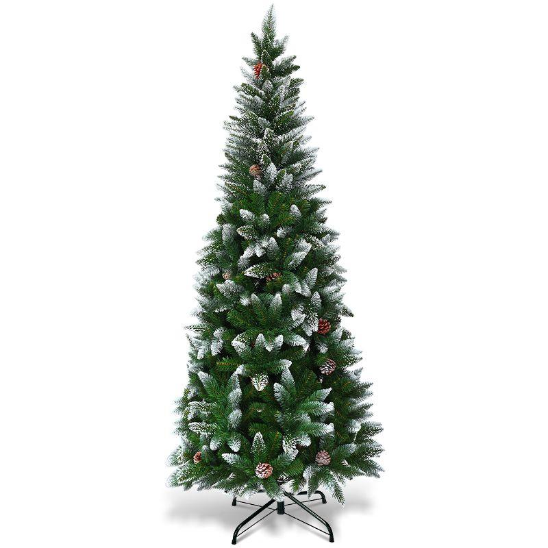 5ft Green and White Snow Flocked Pencil Christmas Tree with Pine Cones