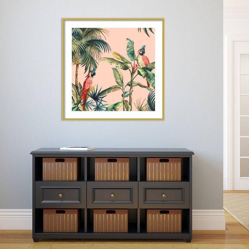 Tropical Parrots in Palm Pink and Green Wood Framed Print