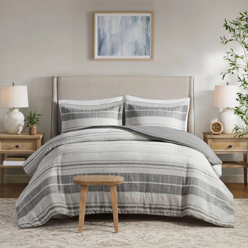 Gray and White Cotton Blend Striped Full/Queen Duvet Cover Set