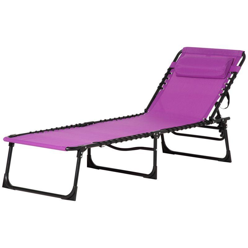 Folding Chaise Lounge Pool Chair with 4-Position Reclining Back, Pillow, Breathable Mesh & Bungee Seat, Purple