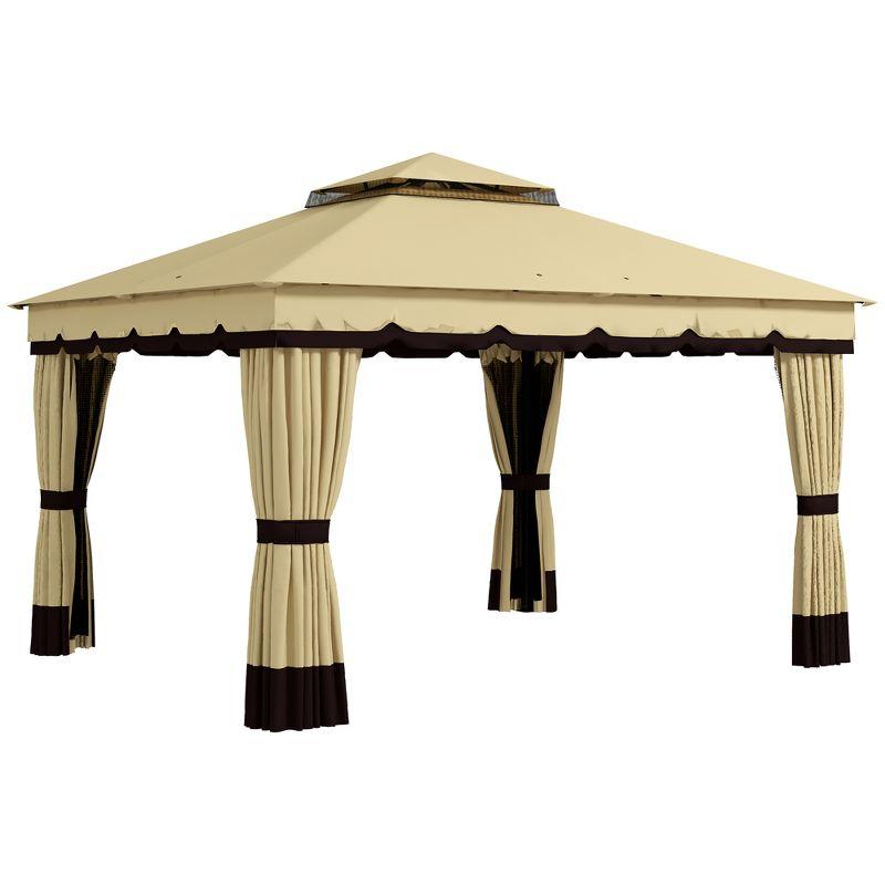 Beige and Brown Double Roof Patio Gazebo with Netting and Curtains