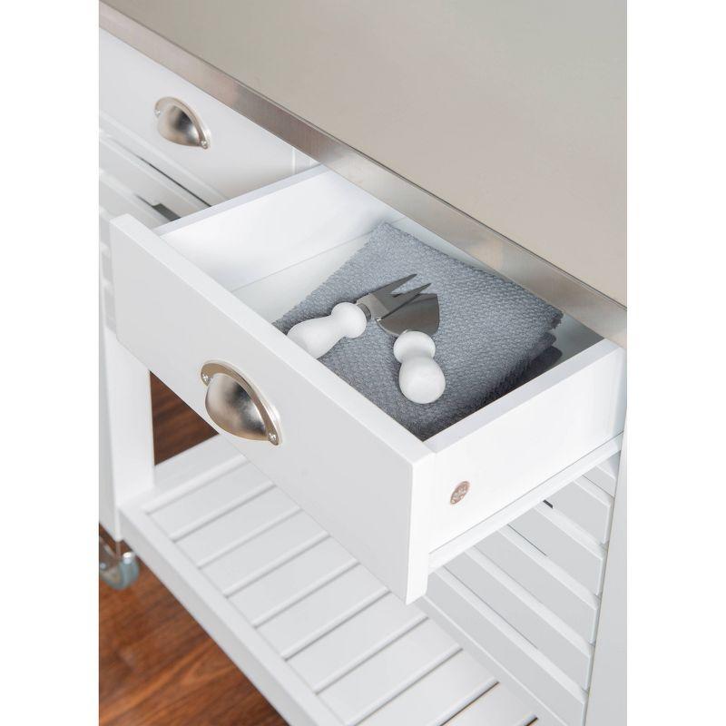 Robbin White Wood Kitchen Cart: Stainless Steel Top, Storage on Wheels - Linon