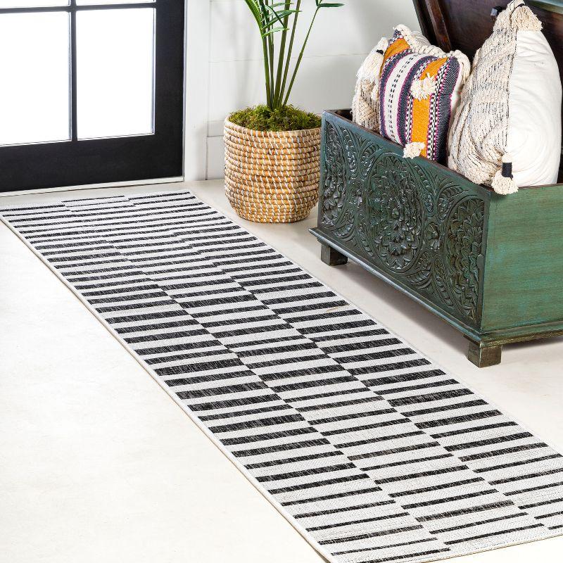 2'x10' Sukie Modern Offset Stripe Indoor/Outdoor Runner Rug, Ivory/Black - JONATHAN Y