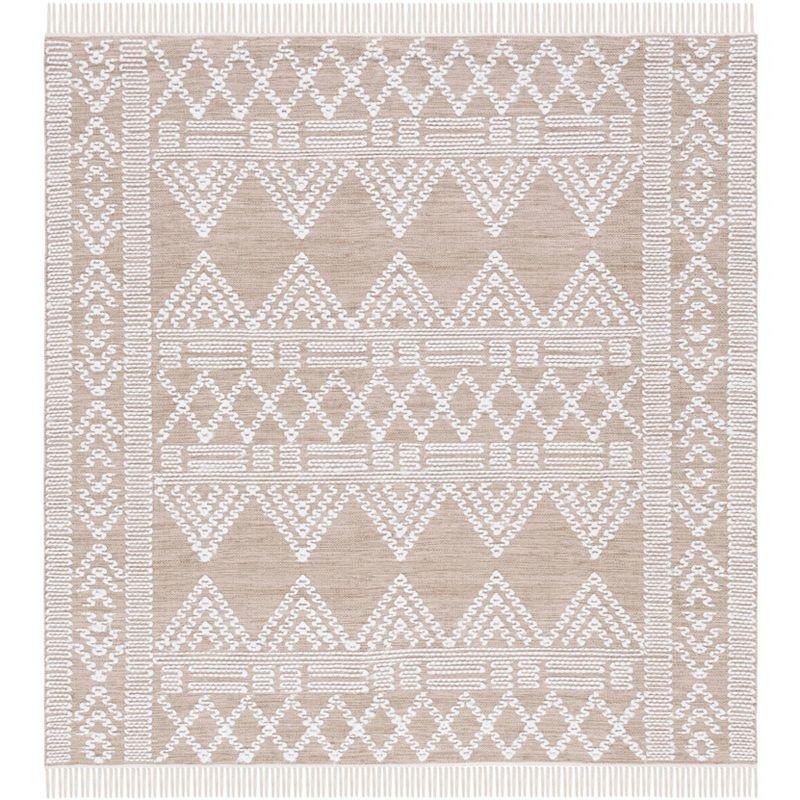 Ivory and Beige Square Flat Woven Wool Area Rug