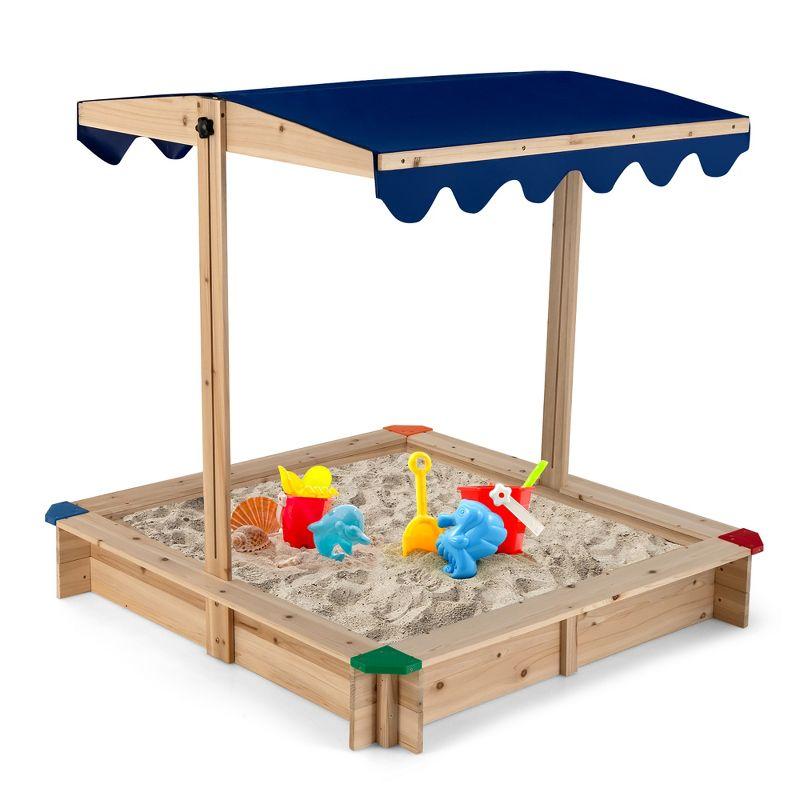 Costway Kids Wooden Sandbox with Height Adjustable & Rotatable Canopy Outdoor Playset