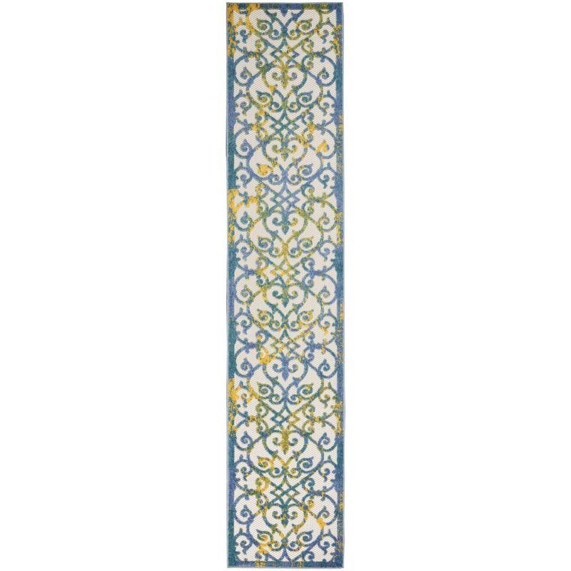 Nourison Aloha Contemporary Scroll Flatweave High-Low Indoor Outdoor Runner Rug Ivory Blue 2'3" x 10'