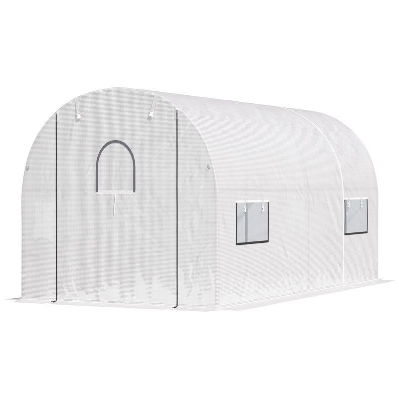 Outsunny 9.6' x 6.5' x 6.2' Walk-In PE Greenhouse with 2 Roll-up Zipper Doors & 6 Roll-up Windows for Plants, White