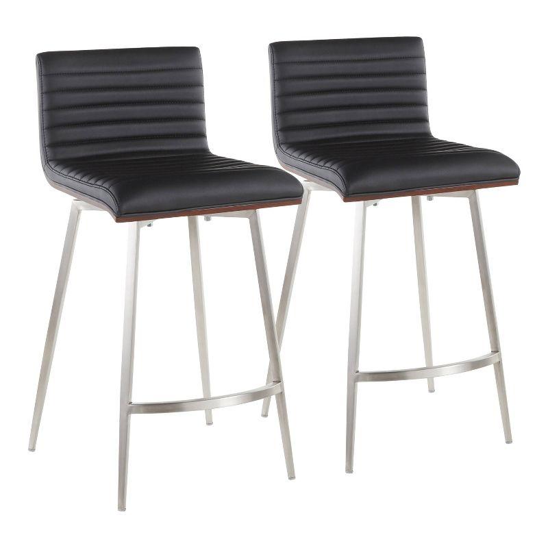 LumiSource Set of 2 Mason Contemporary Swivel Counter Height Barstools Black: Faux Leather, Steel Legs, Fixed 26" Seat Height