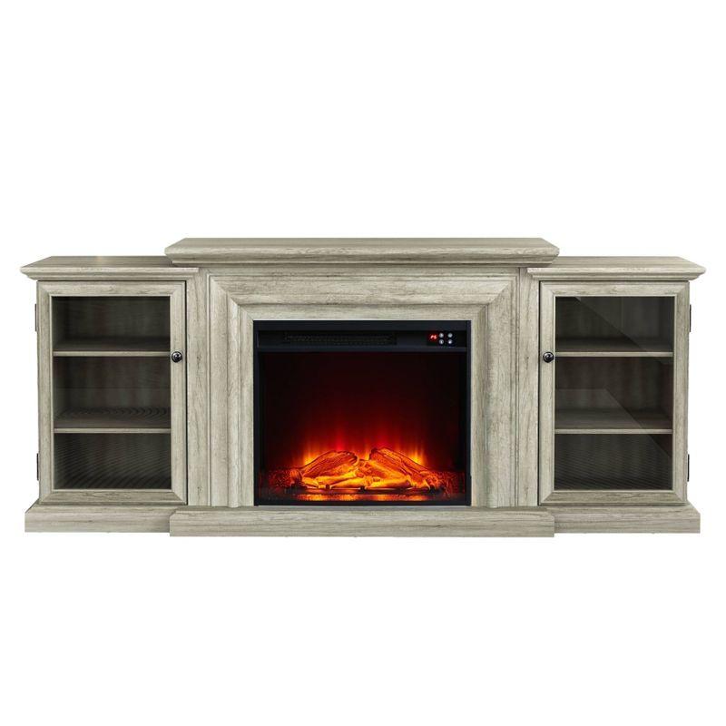 Gray Farmhouse TV Stand with Electric Fireplace and Cabinets