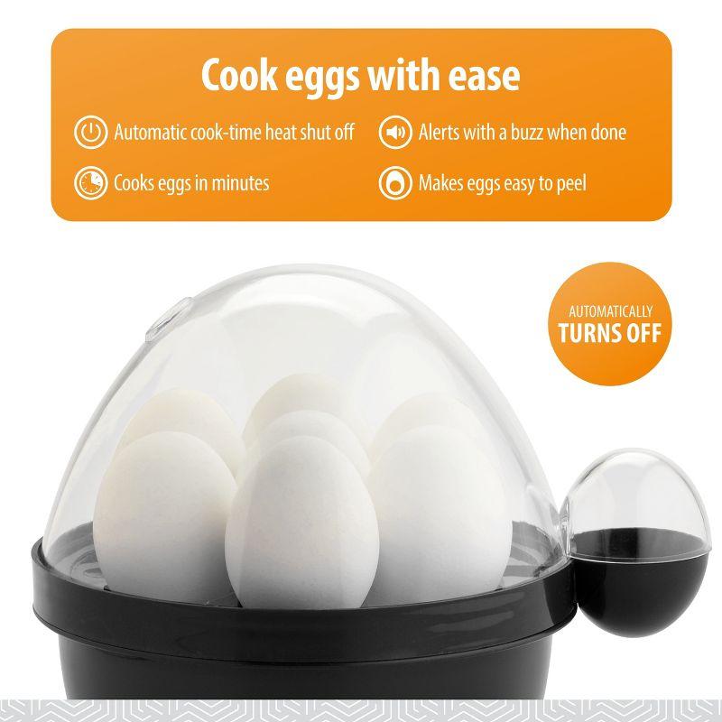 Toastmaster Rapid Electric Egg Cooker with Auto-Off, 7 Egg Capacity for Soft, Medium and Hard Boiled Eggs, Poaching Tray, Black