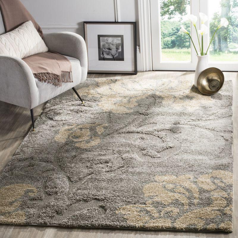 59" Grey and Beige Floral Shag Area Rug