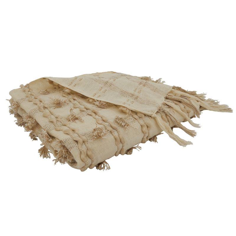 Beige Cotton Fringe Striped Throw Blanket