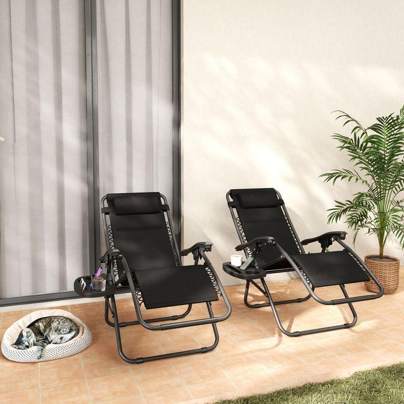 Black Steel Zero Gravity Outdoor Lounge Chairs with Cushions and Tray, Set of 2